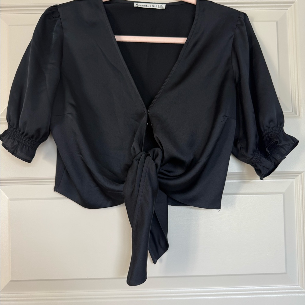 Abercrombie & Fitch Black Puff Sleeve Crop Top with Tie Front